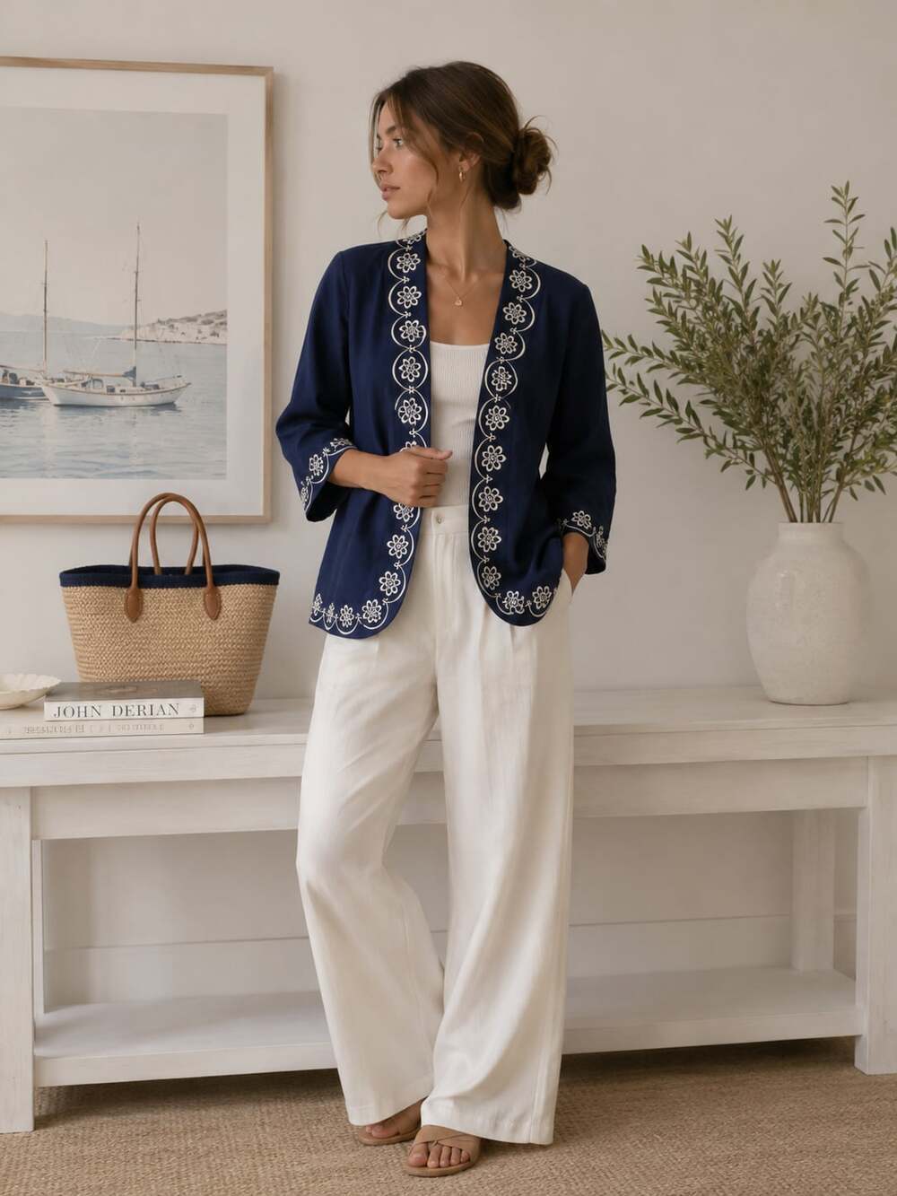 Bob Mackie Wearable Art Blue Embroidered Linen Blend Open Jacket Large
